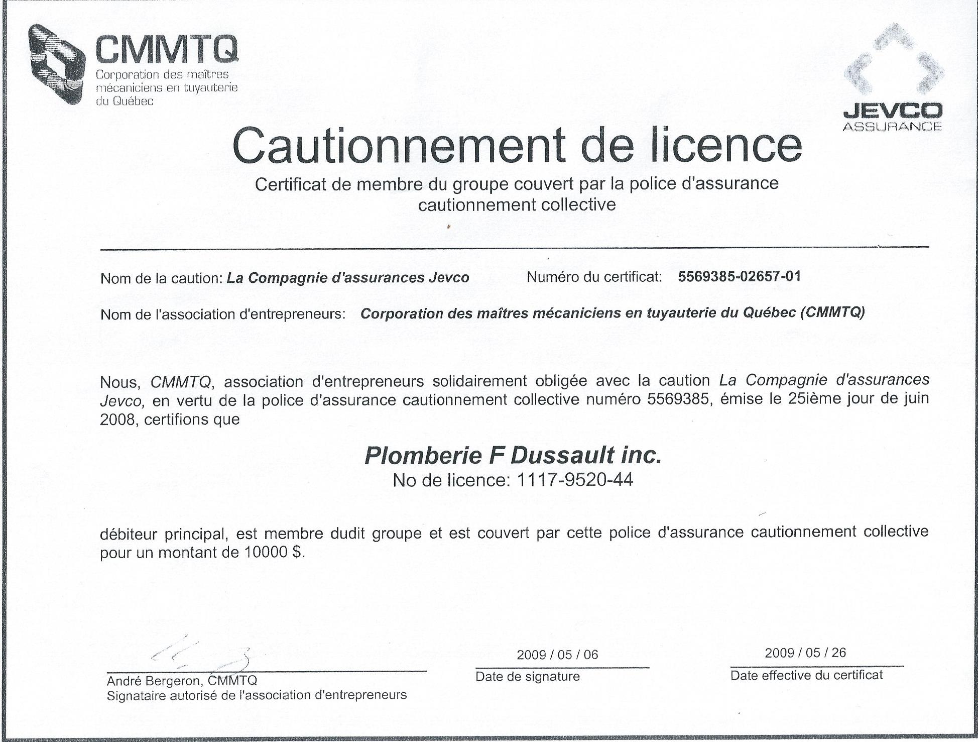 Corporation des maîtres mécaniciens en tuyauterie du Québec (CMMTQ)-CAUTIONNEMENT